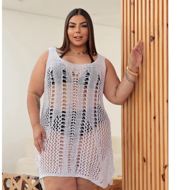 Saída de Praia Plus Size Tricô Ponto Crochê com Fenda Lateral Veste 46 ao 52 Faby Tricot
