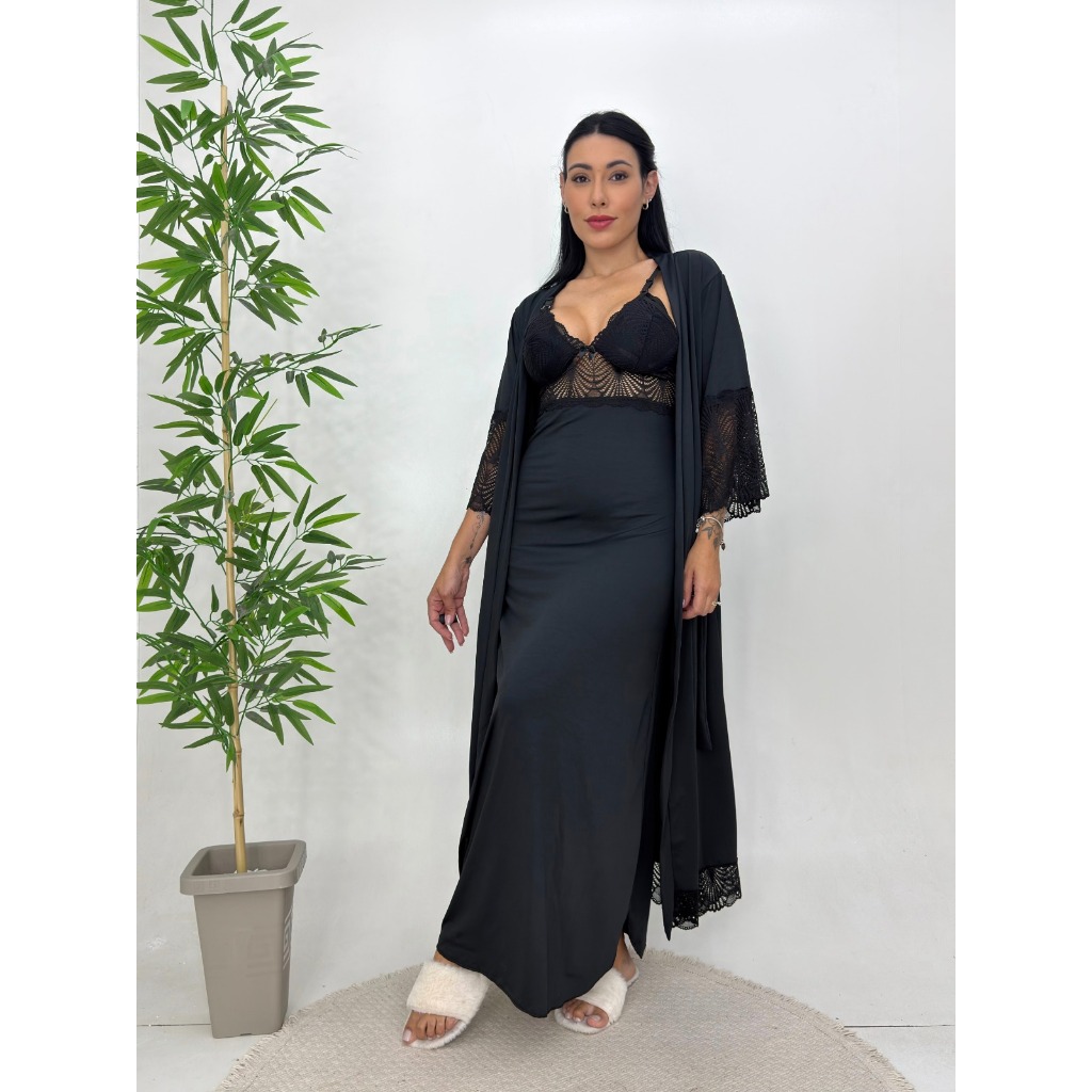 Camisola Amentação e Robe com Detalhes em Renda em Oferta na Shopee