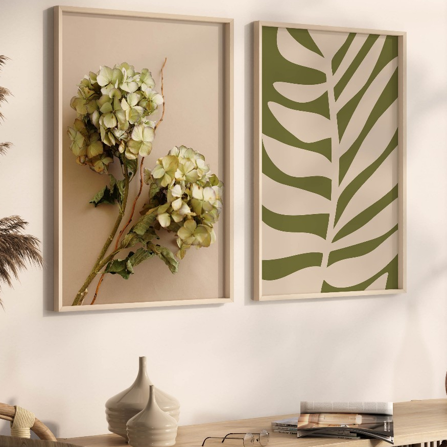 Kit 2 Quadros Decorativos com Moldura Sala Quarto Duo Floral Folha Minimalista e Hortência Verde Vidro