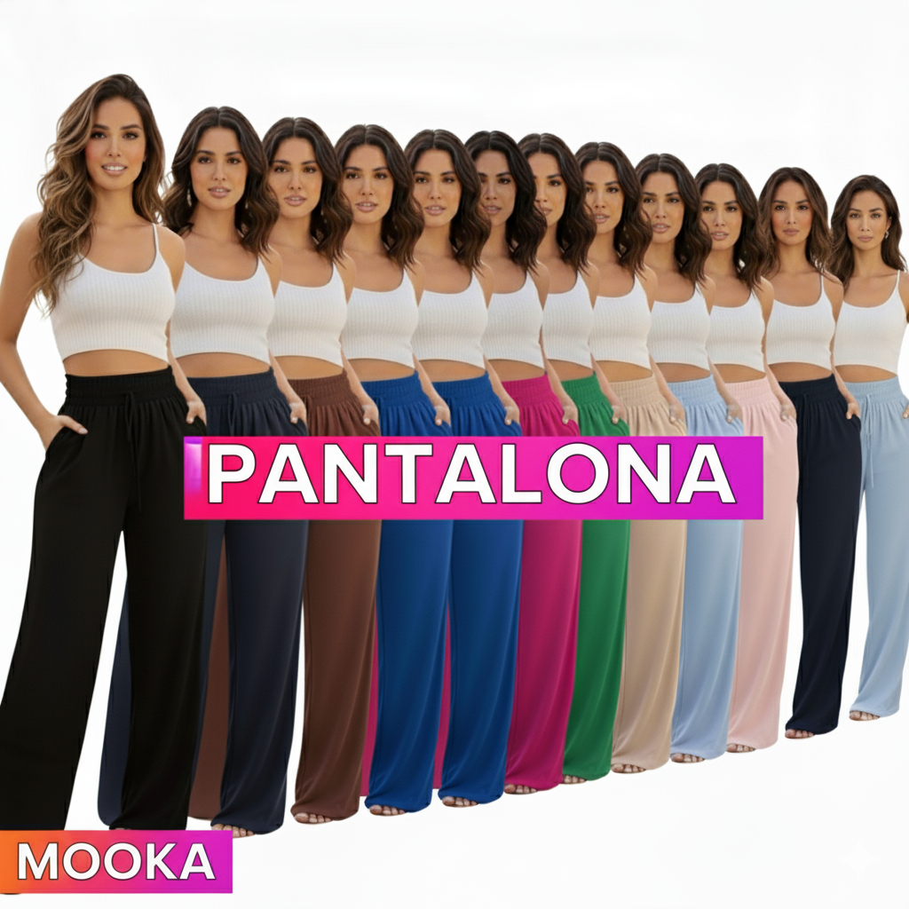 Calça Pantalona Feminina Elástico Na Cintura Com Bolso Cintura Alta Tecido Duna