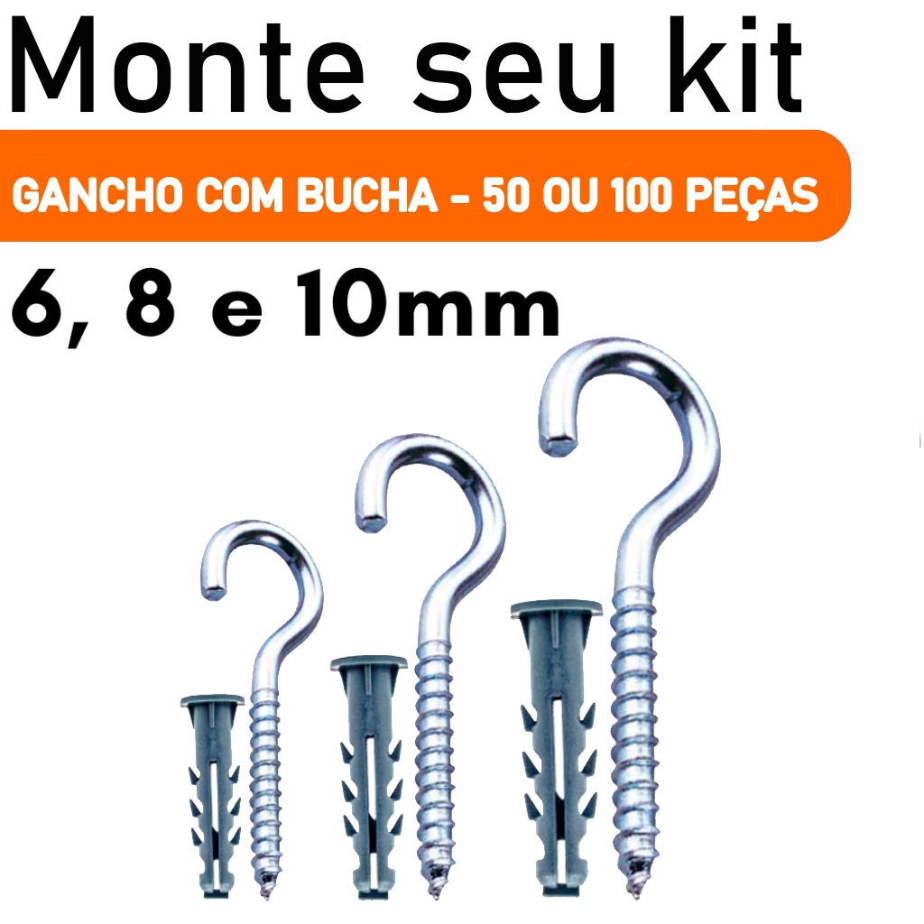 Kit Gancho com Buchas Fixação Parede Janela Rede Jogo Gancho Zincado 6 8 e 10 Ganchos Zincado