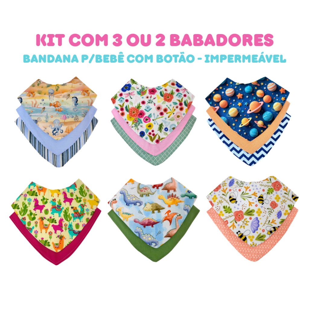 Kit 3 ou 2 Babador Bandana Impermeável 100% Algodão Com Botão para Bebê