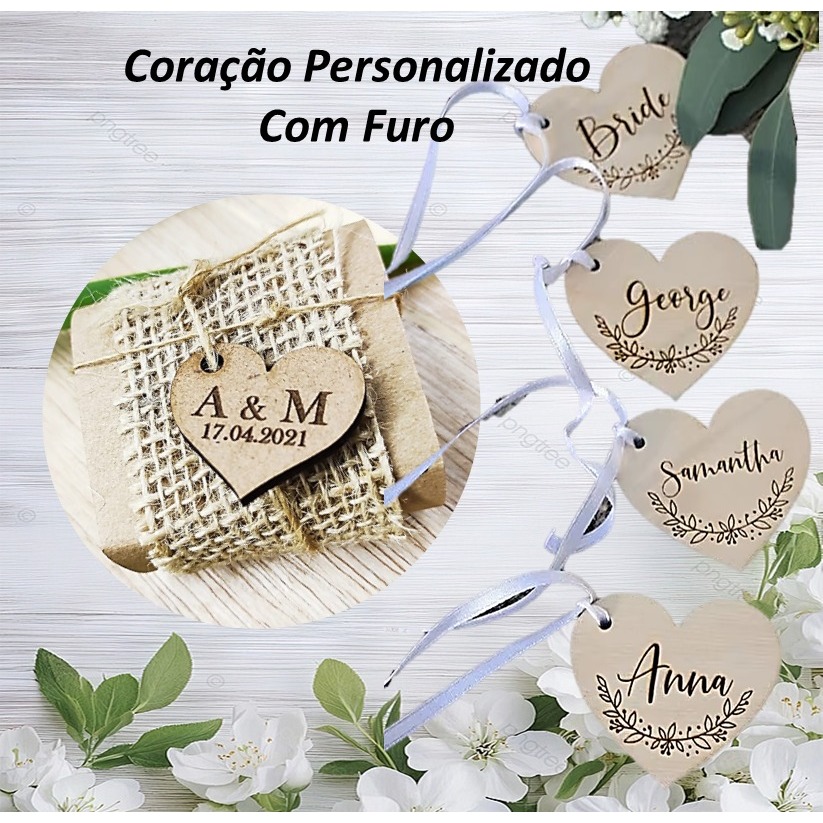 Kit Coração 3cm Personalizado Com Furo Chaveiro Iniciais Nome Mdf Corte à Laser Lembrança Casamento