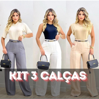 KIT 3 Calças Pantalona Alfaiataria Premium Cintura Alta Com Bolso Com Cinto PROMOÇÃO 3 CALÇAS em Oferta na Shopee