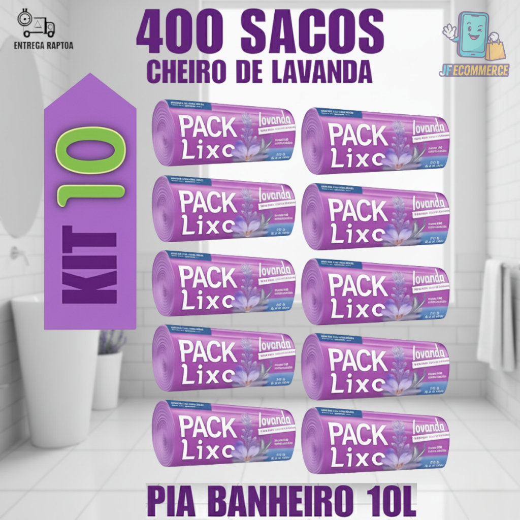 Kit 10 Sacos de Lixo Perfumados Lavanda Rolos Econômico 400 Sacos Pia e Banheiro Neutraliza Odores