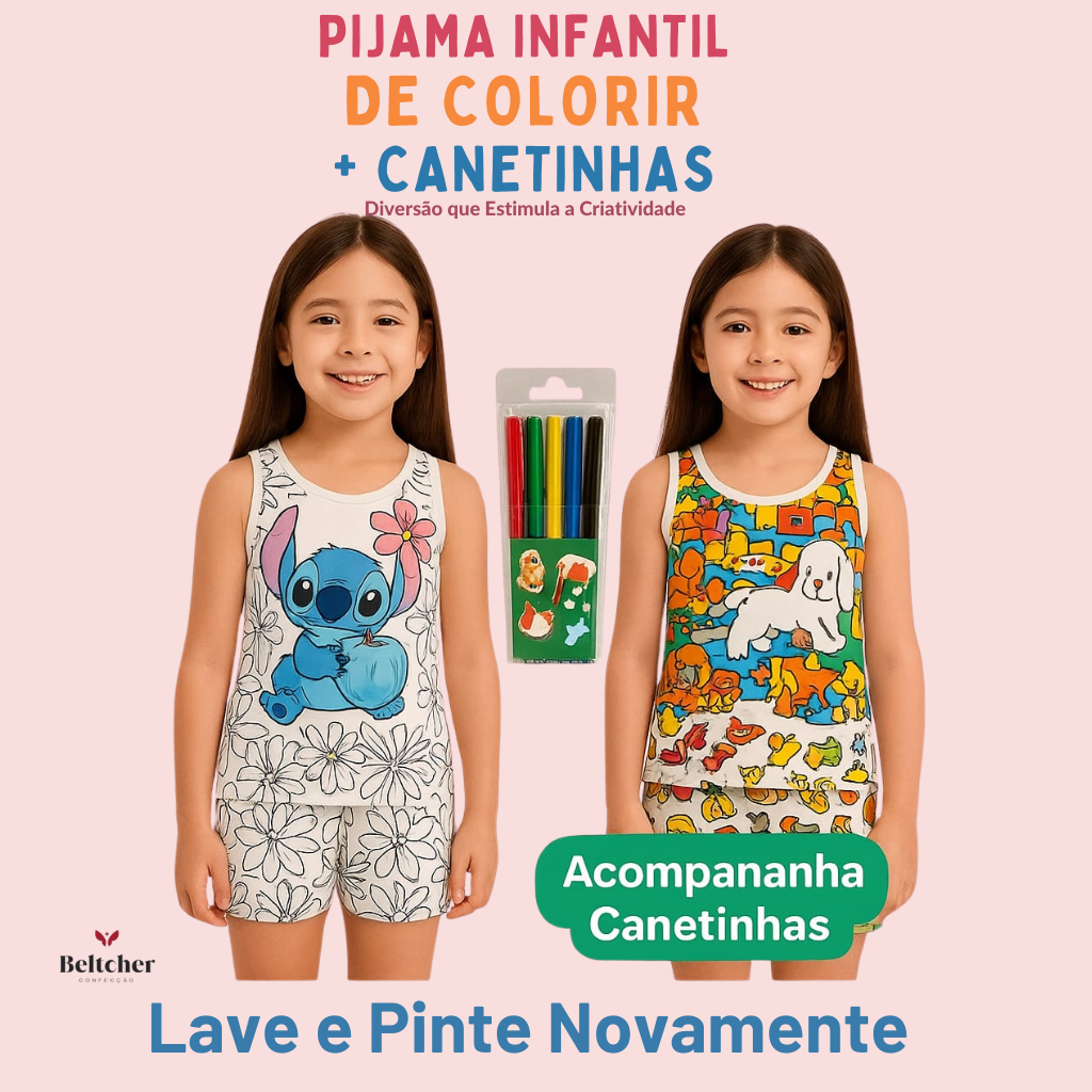 PIJAMA INFANTIL MANGA CURTA COM CANETINHA LAVÁVEL KIT PARA COLORIR DIVERTIDO ESTAMPADO PERSONAGENS