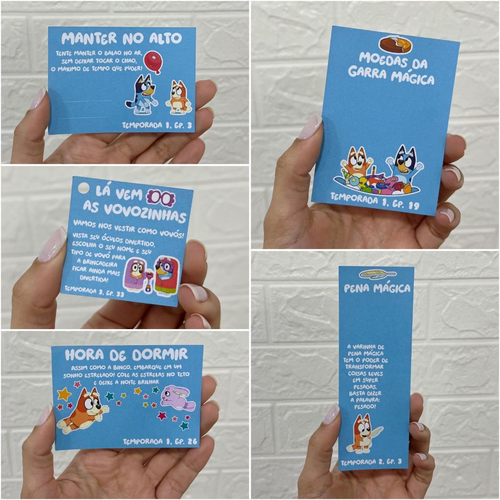 Kit Cards Bluey | Lembrancinha Temática Episódios | Pena Mágica, Moedas da Garra Mágica, Vovós, Balão e Estrelas
