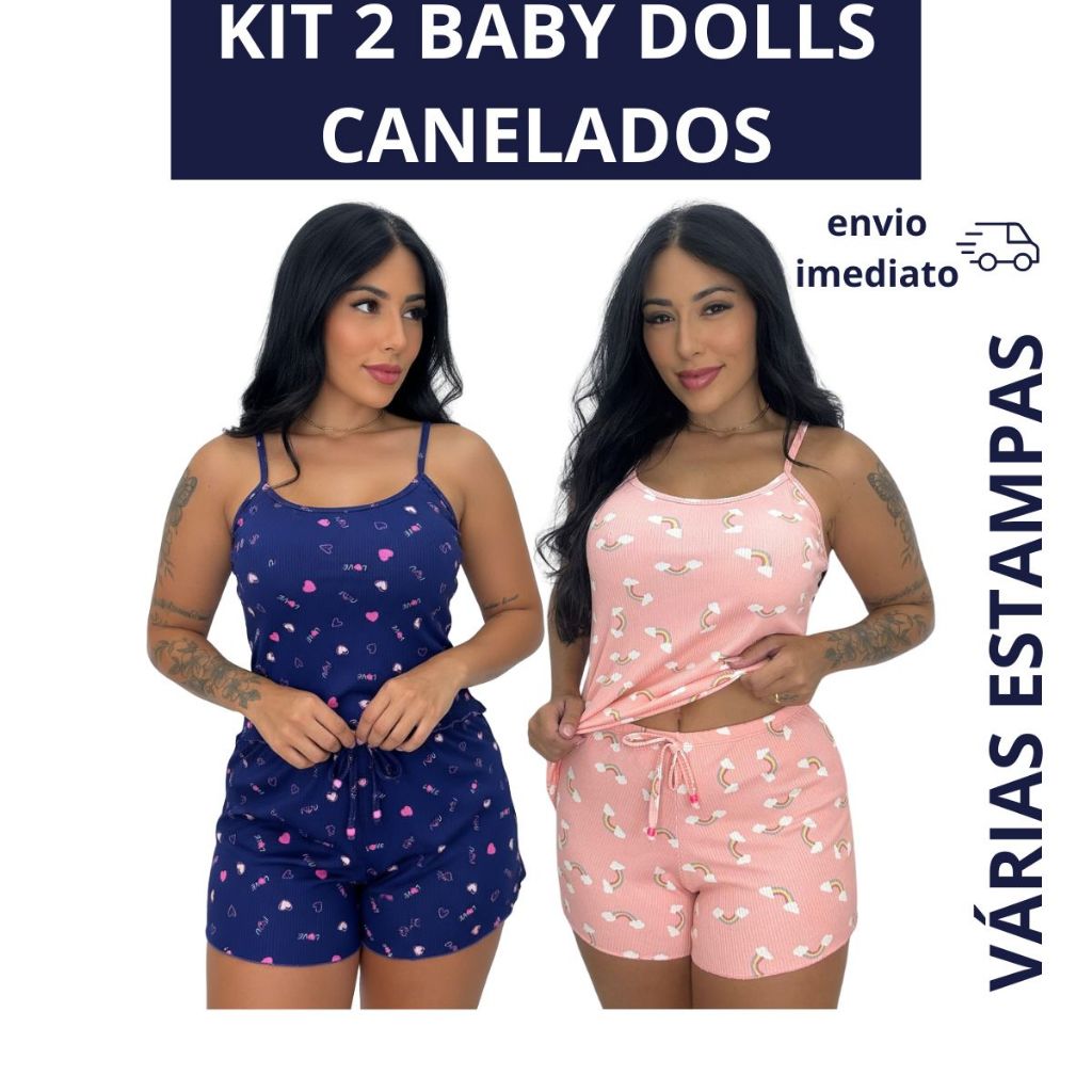 KIT C/2 Baby Doll Pijama Feminino em Suede Canelado Estampado Fresquinho e Confortável