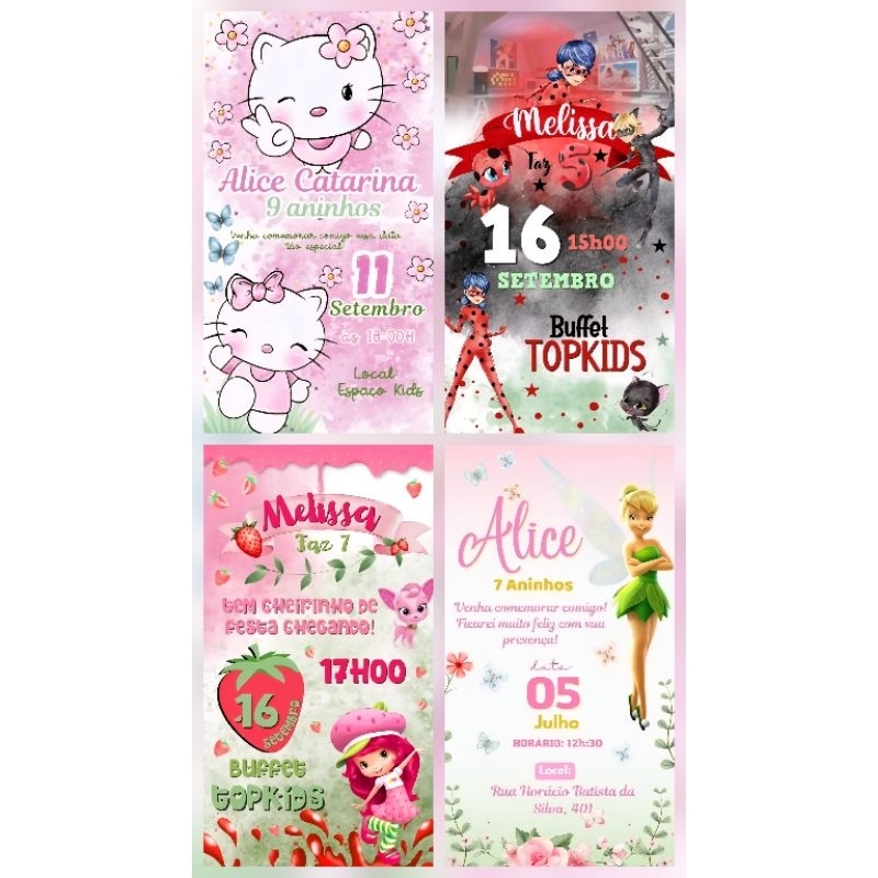 convite Aniversário infantil personalizado impresso ladybug / ursinhos carinhosos /Moranguinho / Hello Kitty / Sininho