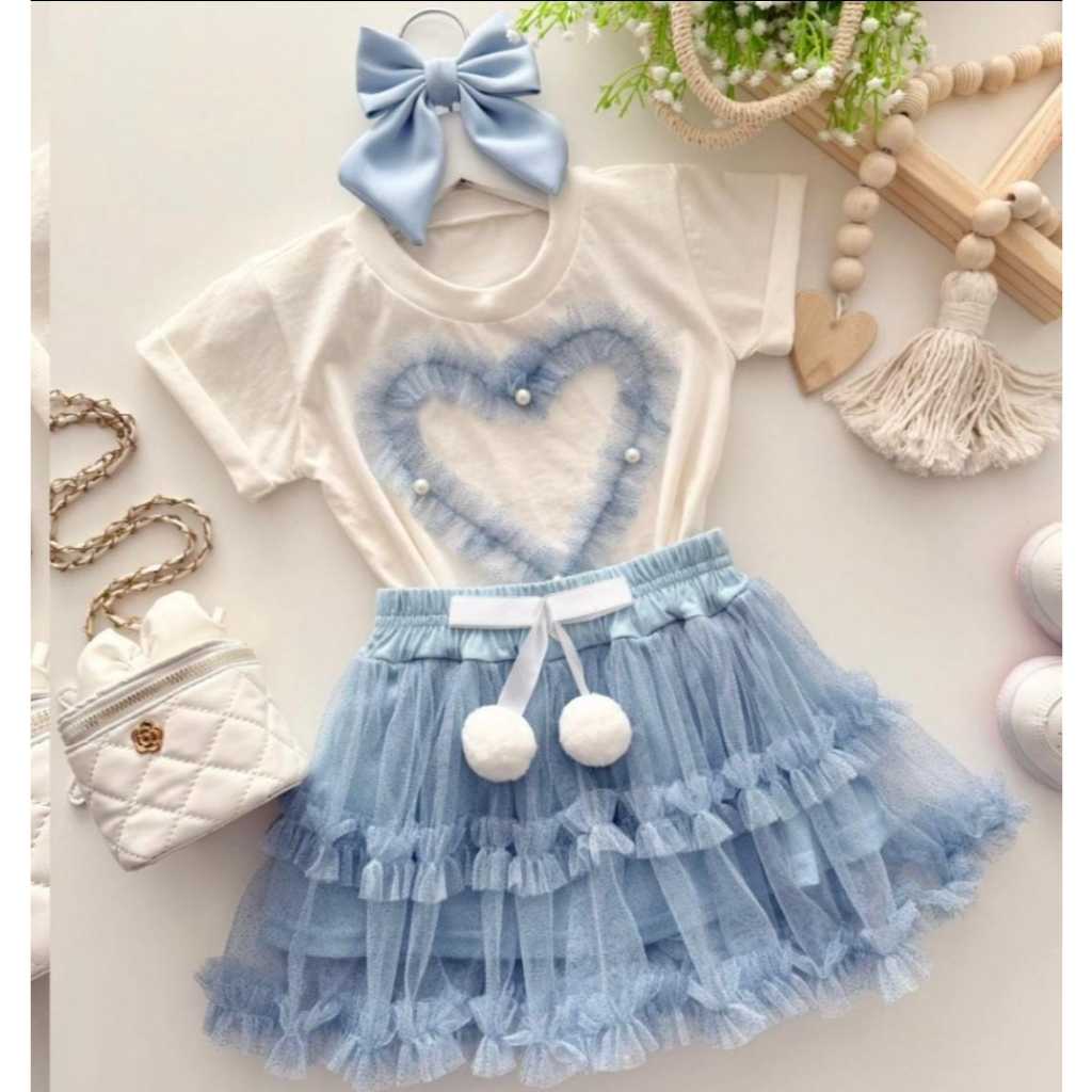 Conjunto Infantil Menina Shorts Saia Tule Babado Blusa de Coração Moda Gringa Verão Natal