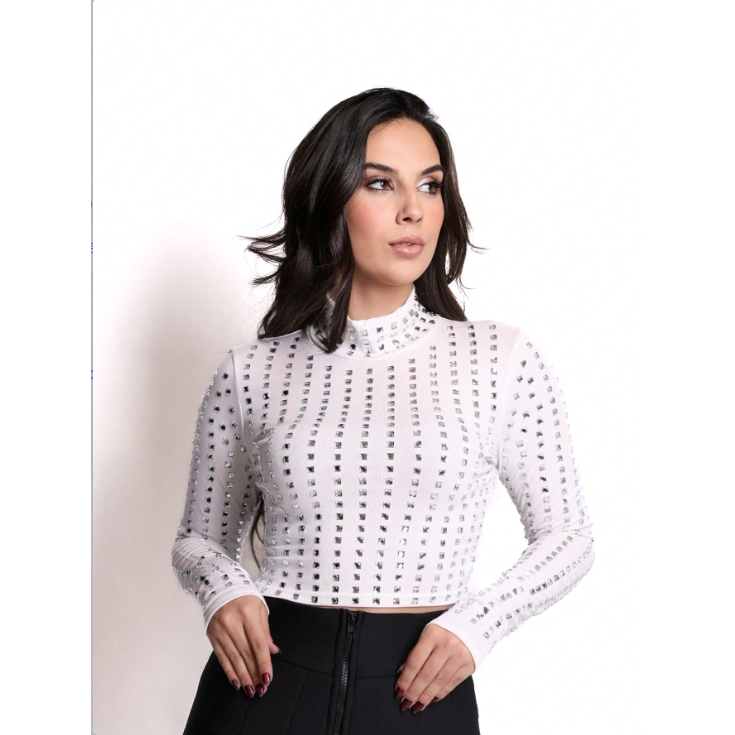 Blusa feminina com strass elegante, estilo moderno e sofisticado para festas T2310-62 em Oferta na Shopee