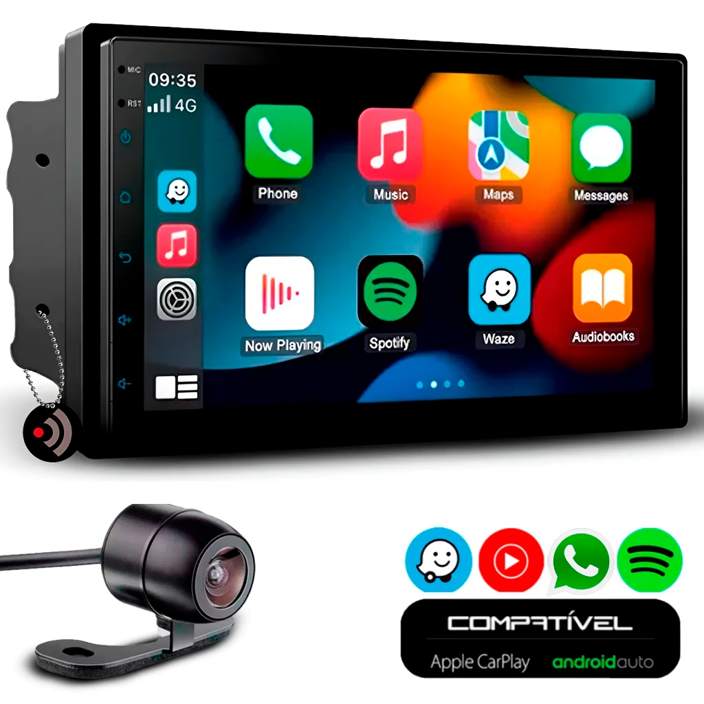 Multimídia 7" Polegadas CarPlay/AndroidAuto Apps Gps Spotify + Câmera de Ré Colorida Universal Preta