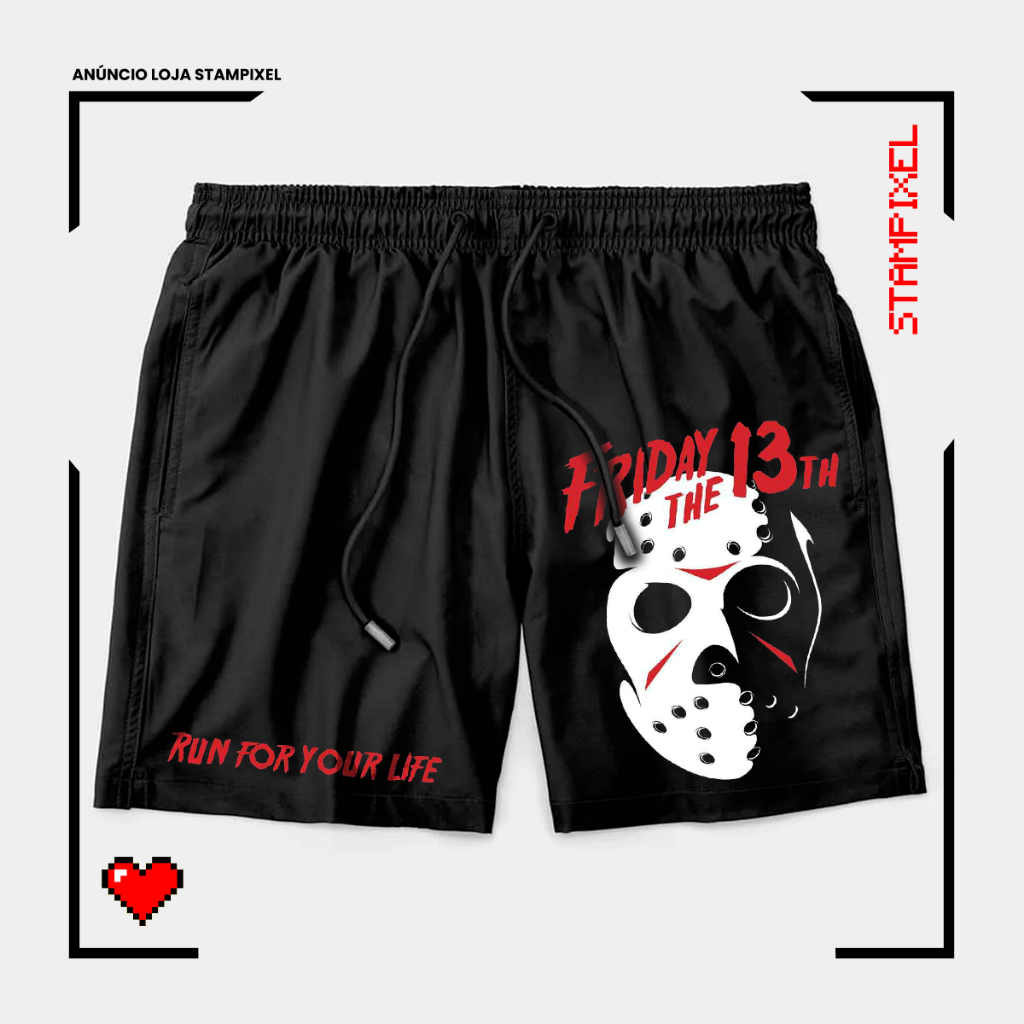 Bermuda Tactel Jason Sexta Feira 13 Run For Your Life Short Confortável Com Elastano Ideal Lazer Treino Esportes Praia