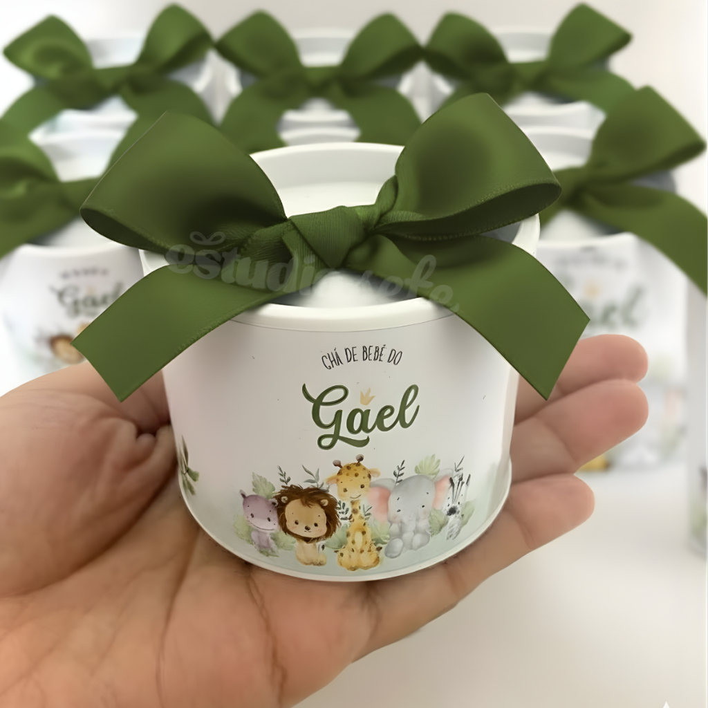 Tubolata Safari Personalizada 5x6cm | Lembrancinha Maternidade Chá de Bebê Safari Verde