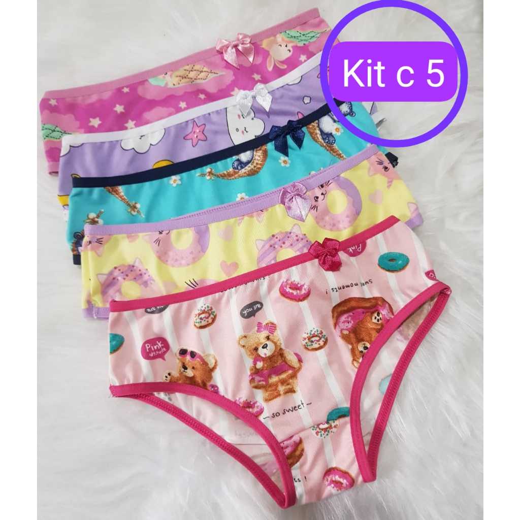 Kit 5 Calcinha Estampa Divertida Colorido Algodão Menina Estampada Infantil Suede Confortável