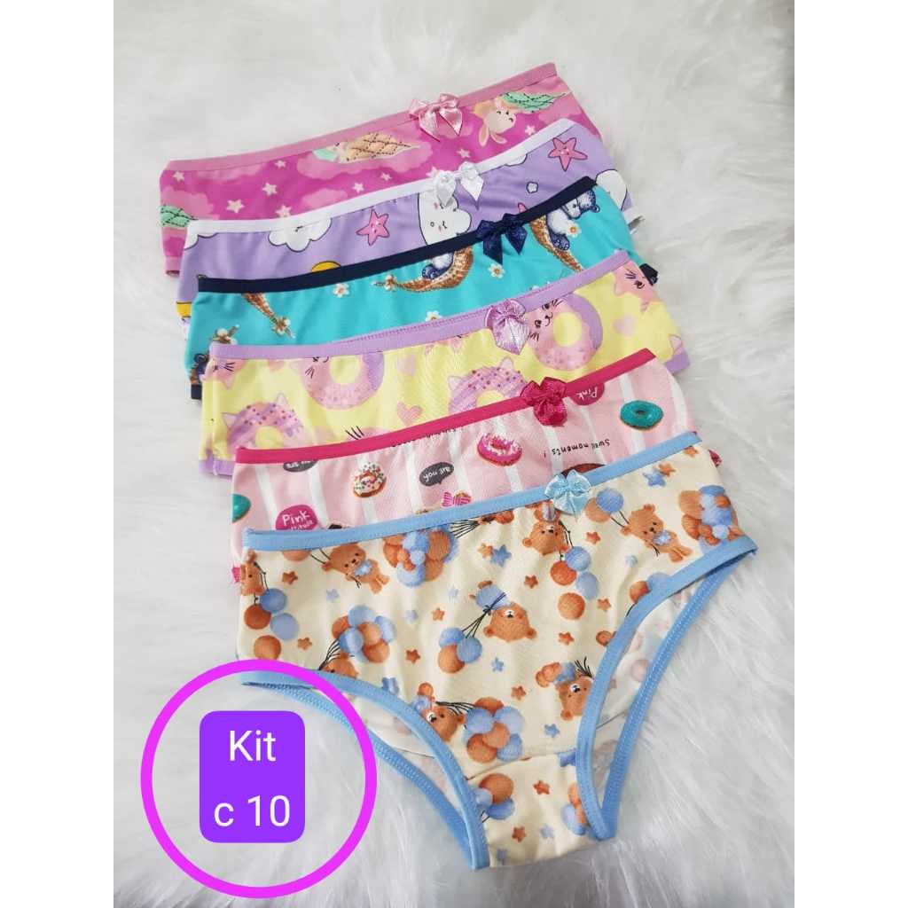 Kit 10 Calcinha Estampa Divertida Algodão Menina Estampada Infantil Suede Colorido Confortável