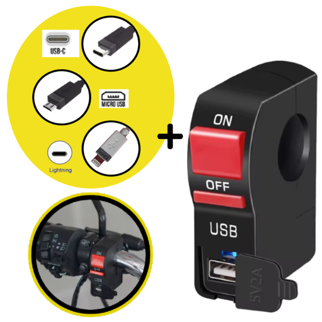 Interruptor Universal de Guidão P/ Farol Milha + USB Carregador Rápido + Cabos de cel a sua escolha