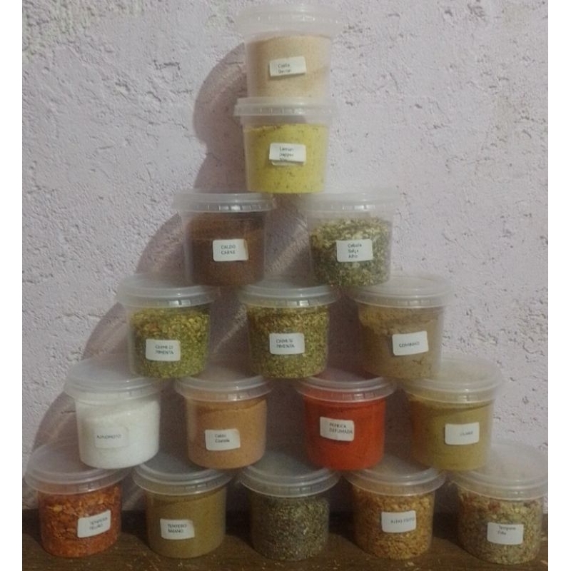Kit com 20 temperos e condimentos C/OU S/PIMENTA + 20 potes de 140ml (EXTRA 10G DE ORÉGANO) em Oferta na Shopee