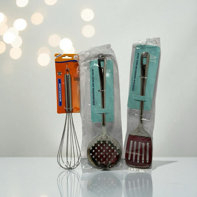 Kit 5 Peças Utilidades INOX para Cozinha Espatula Escumadeira Cortadores Batedor etc Comida Cozinha