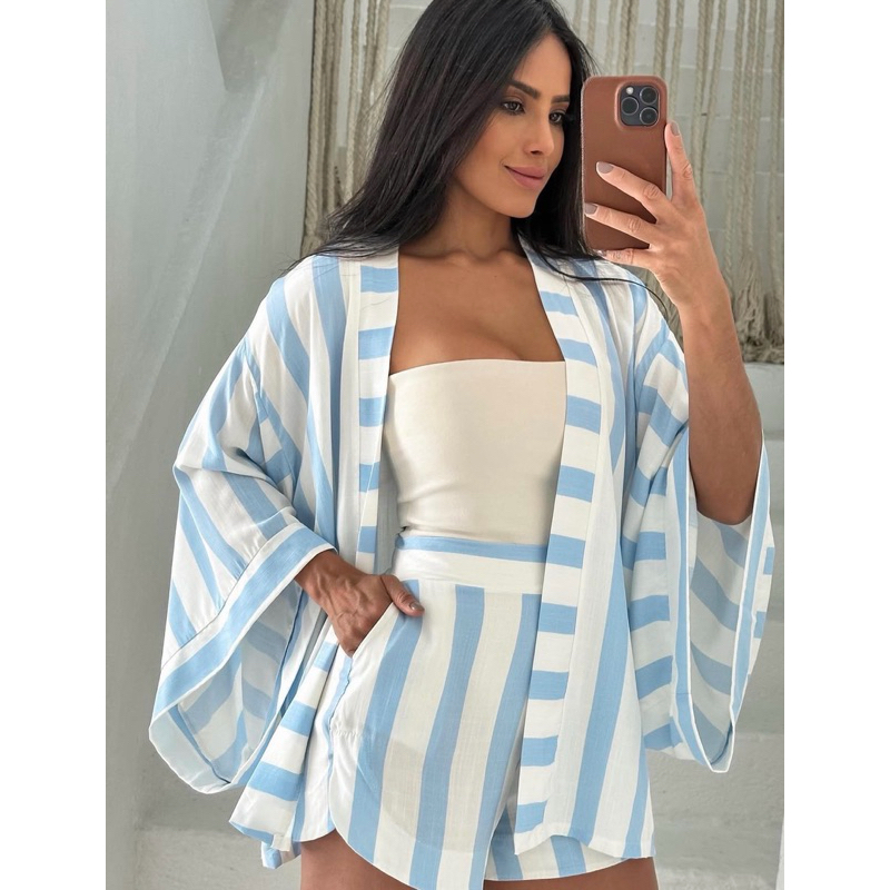 Conjunto Feminino Kimono Linho soltinho chic e estiloso cor neutra em Oferta na Shopee