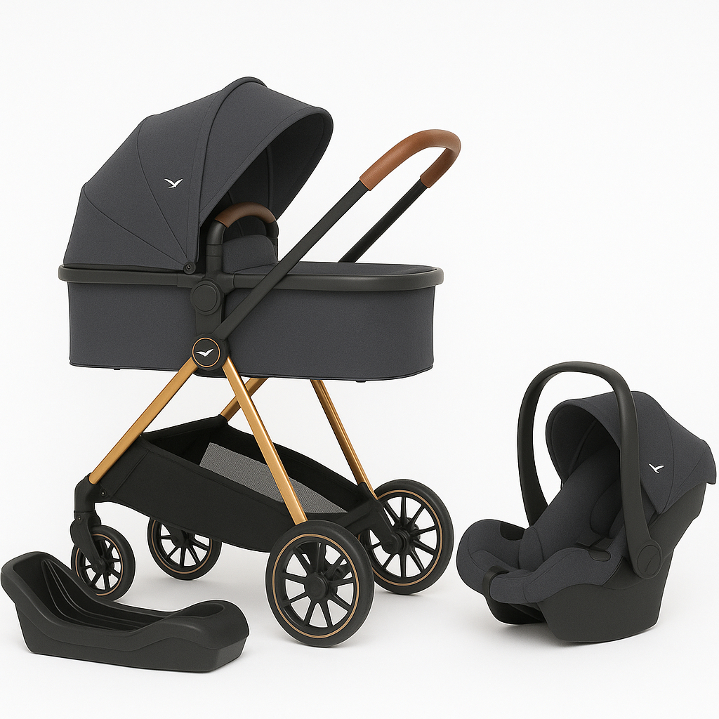 CARRINHO MOÍSES 6 EM 1 REVERSÍVEL COM BEBÊ CONFORTO E BASE VEICULAR CHUMBO COM DOURADO TRAVEL SYSTEM