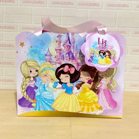 Lembrancinha Personalizada Sacolinha Ondas Grande com Tag Princesas Cute PEGUE E MONTE