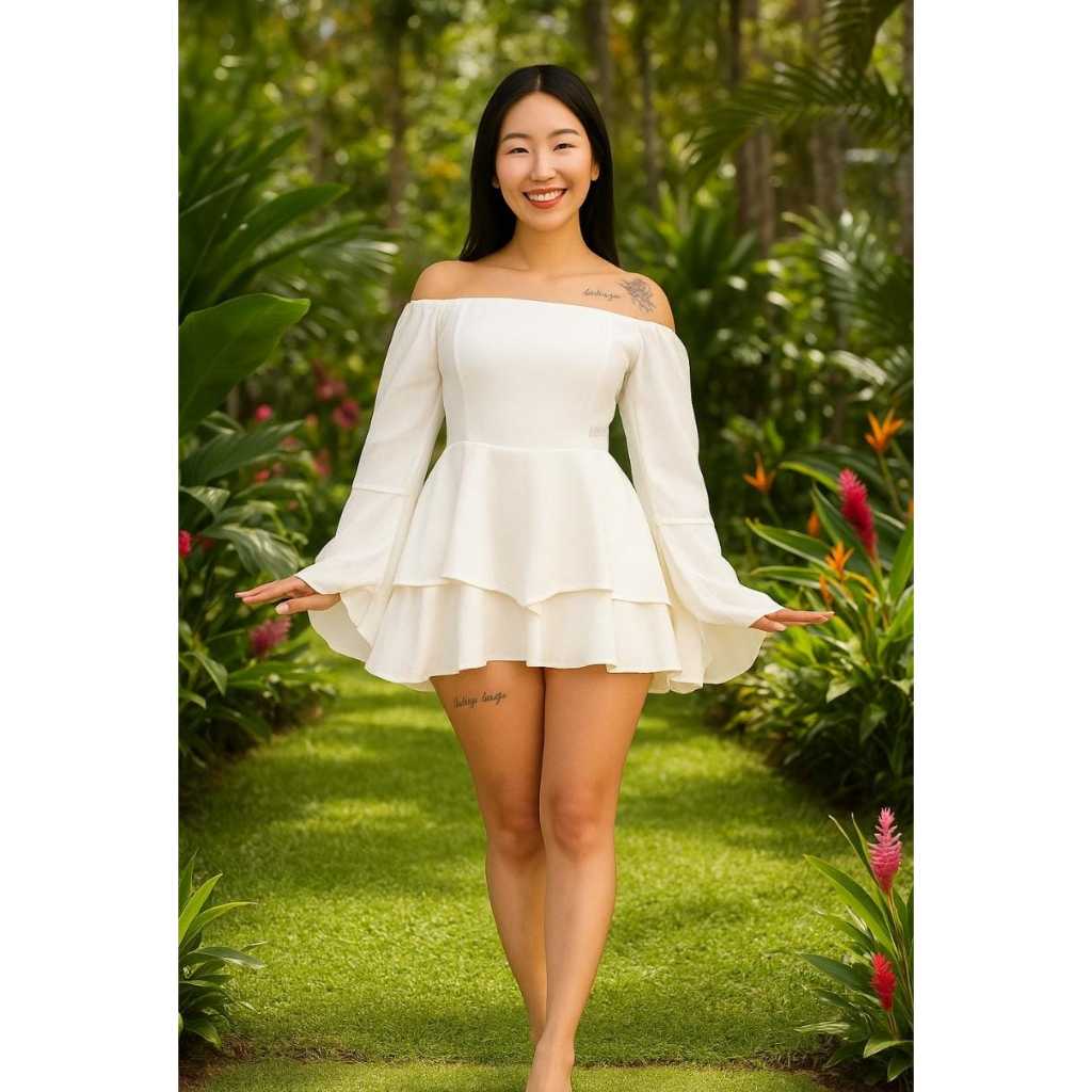 vestido macaquinho manga longa de campainha em Oferta na Shopee