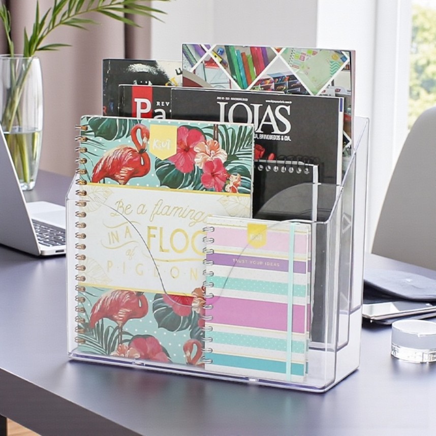 Porta Documentos ou suporte de monitor Triplo Office Cristal Ou Fume Maxcril