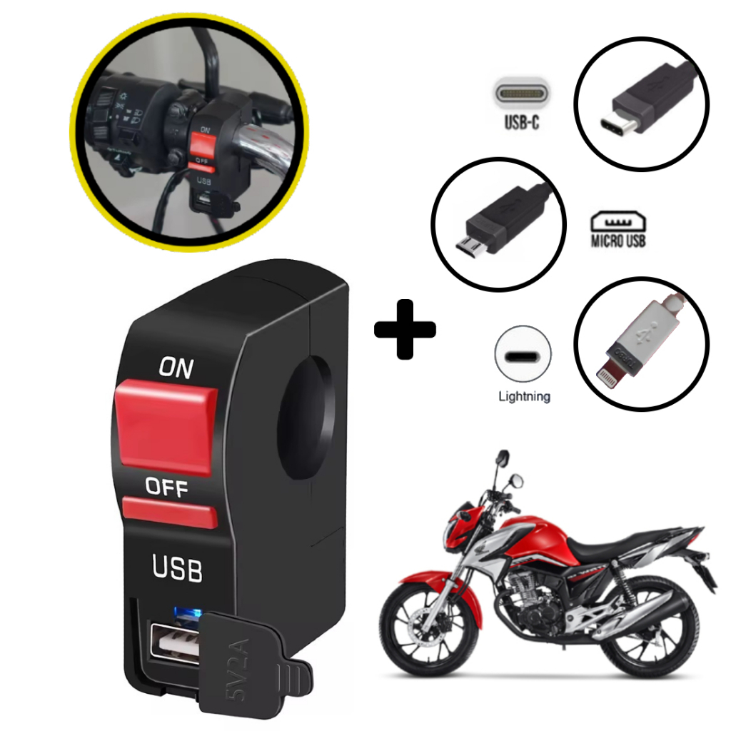 Botão Interruptor Universal Liga Desliga Farol Auxiliar Milha Carregador USB + Cabos "C" V8 iPhone