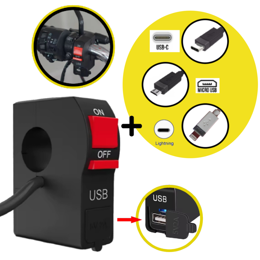 Kit Interruptor Moto Universal Carregador USB À Prova D'água P/ Farol Milha + Cabos Tipo "C" V8- iOS
