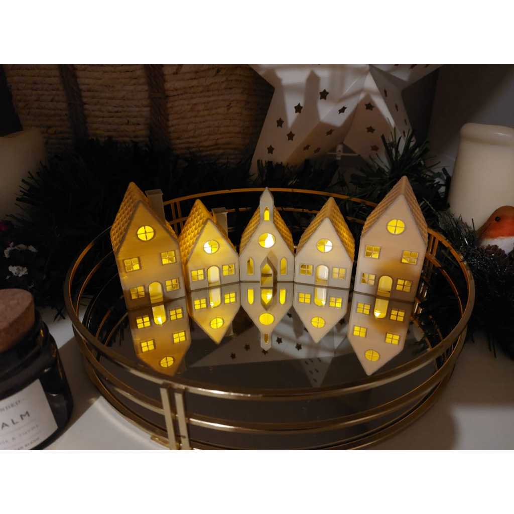 Vila rústica Minimalista de Natal 3D com 5 Peças – 4 Casinhas + 1 Igreja | Decoração Natalina Moderna em Oferta na Shopee