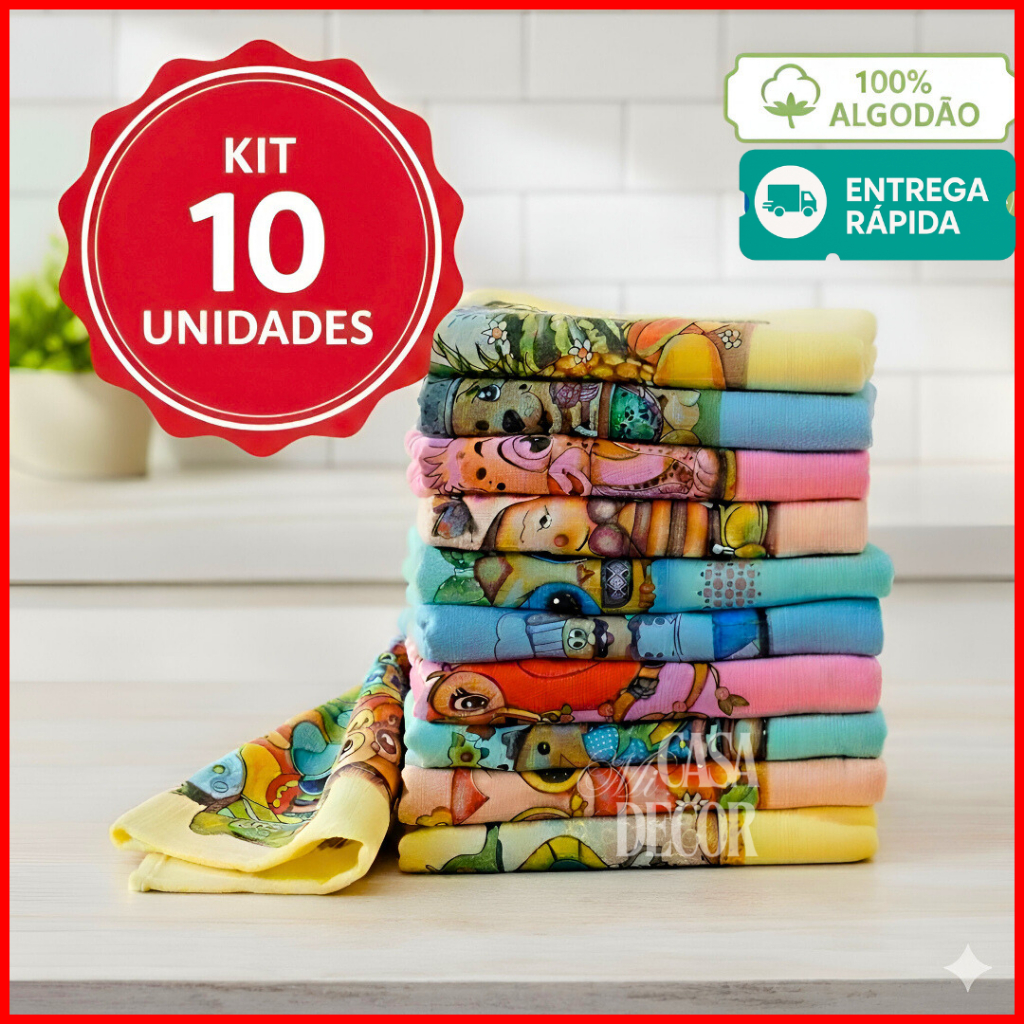 10 pano de prato colorido estampado com bainha 100% algodão em Oferta na Shopee