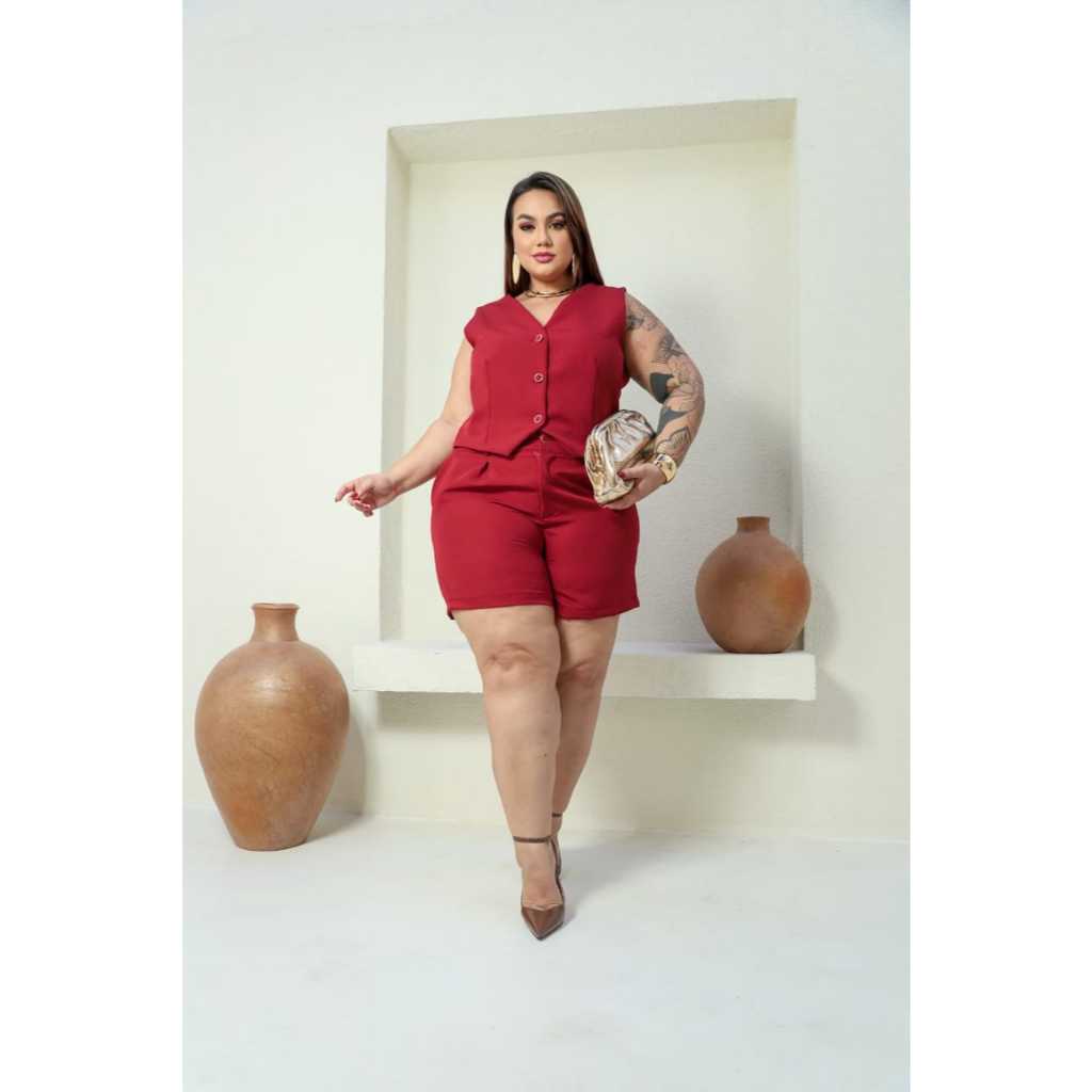 Conjunto Colete e Short Social de Alfaiataria Feminino Plus Lançamento Premium Verão 2026