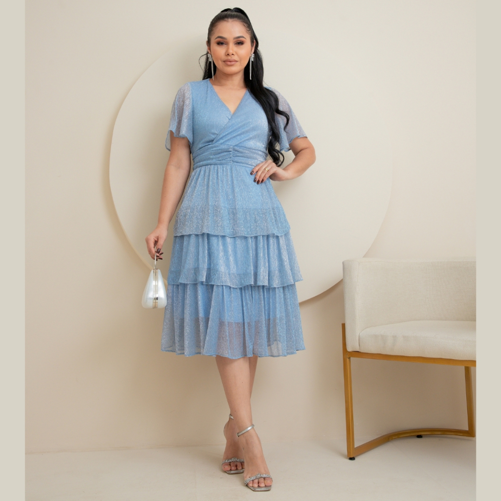 Vestido Midi Chiffon Fios Lurex Gola V Drapeado Cintura Saia Camadas Feminino Elegante Social Luxo