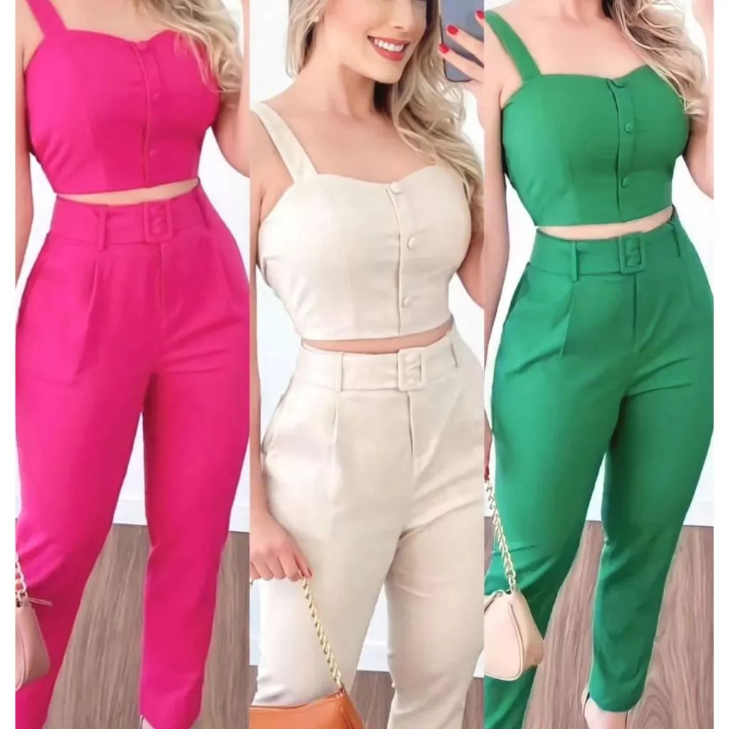 Conjunto Feminino Cropped e Calça de Linho – Elegante e Moderno em Oferta na Shopee