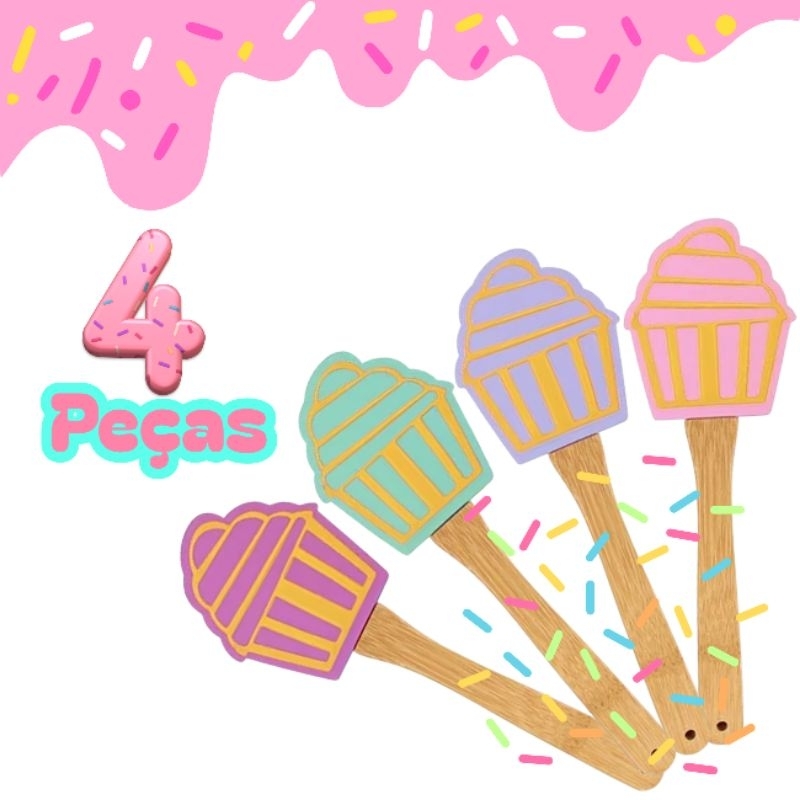 kit 4 Peças Espátula Candy Cupcake colher Pão duro cozinha utensílios cabo Bambu