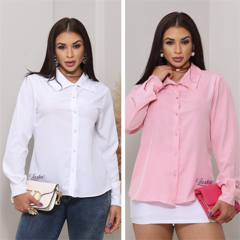 Camisa Social Femenina Manga Longa com Botões Crepinho Listrado em Oferta na Shopee