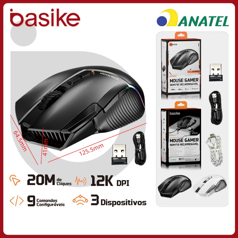 Basike Mouse Sem Fio BLuetooth 12000DPI Ajustável 3 Modos，Mouse Gamer Ergonômico RGB para Notebook，PC e Teclado，MOU339 em Oferta na Shopee