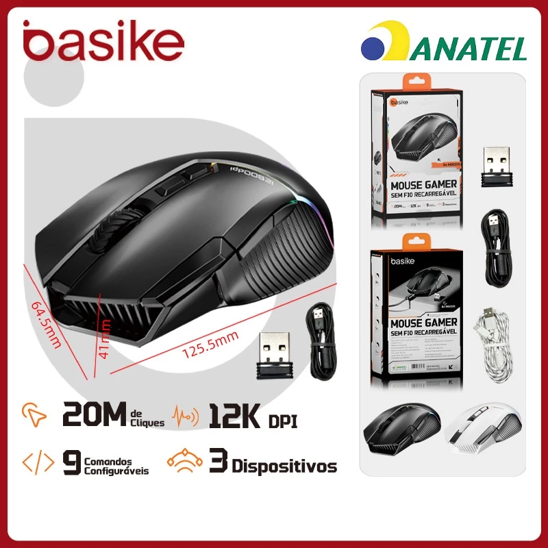 Basike Mouse Sem Fio BLuetooth 12000DPI Ajustável 3 Modos,Mouse Gamer Ergonômico RGB para Notebook,PC e Teclado,MOU339