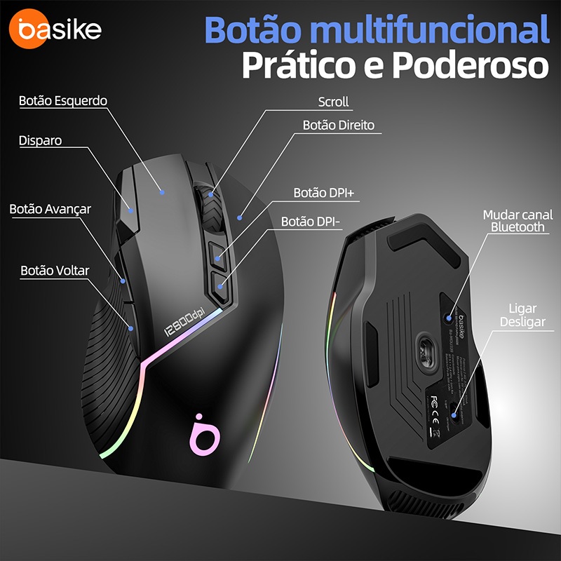 Mouse Gamer Sem Fio Bluetooth Ergonômico RGB 12000DPI Ajustável 3 Modos — foto 7