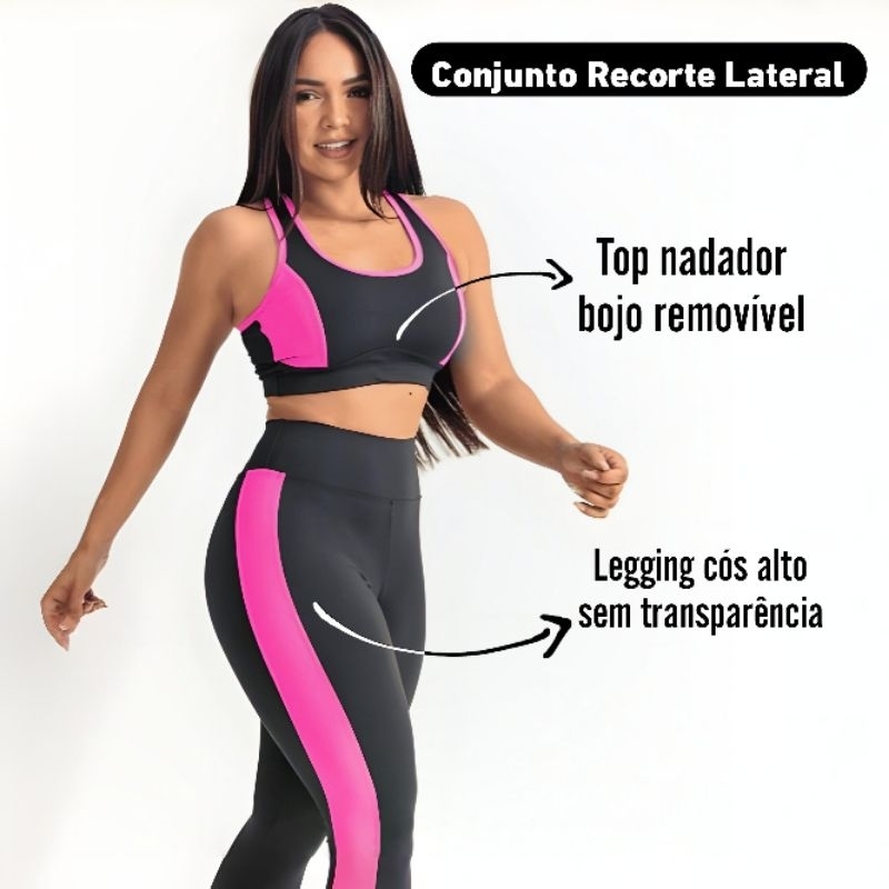 Conjunto Fitness Poliamida | Top Nadador sem Bojo + Calça Legging Recorte Lateral Zero Transparência