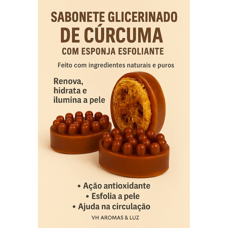Sabonete Glicerinado de Cúrcuma com Esponja Esfoliante – VH Aromas & Luz em Oferta na Shopee