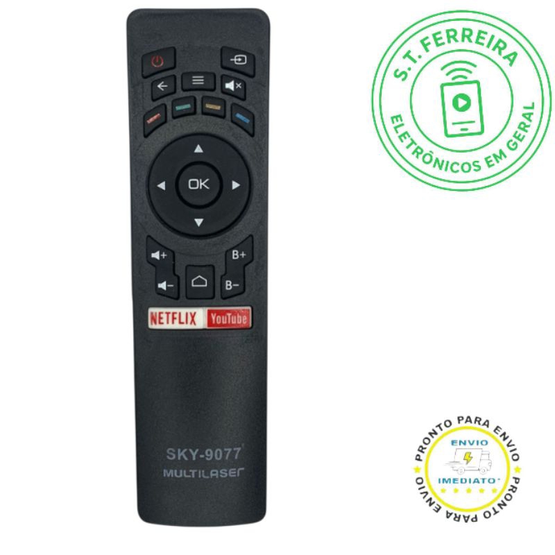 Controle Remoto Smart SKY-9077/LE-7111 compatível com TV's Multilaser com atalhos: RC3442108/01TL001; TL002  TL003;