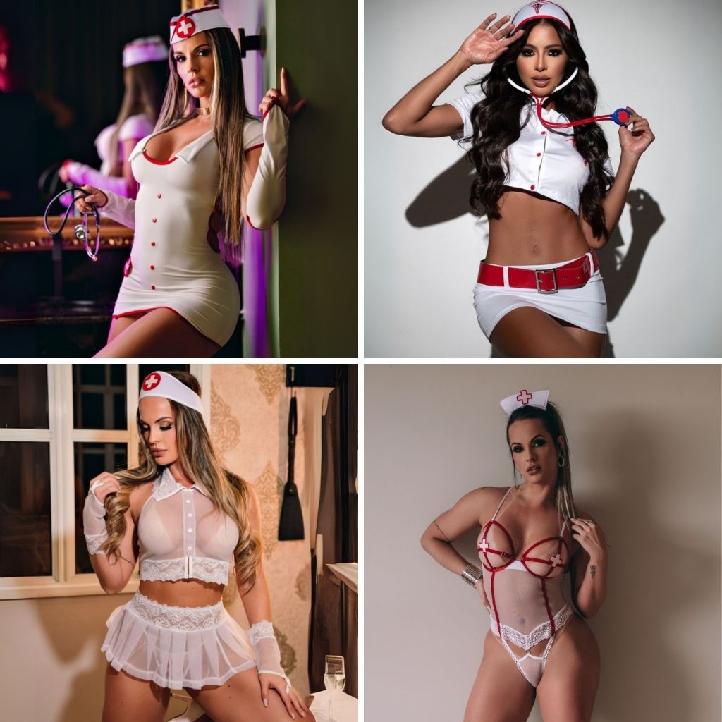 Fantasia Enfermeira Feminina Sensual com Body Recortes Ousados Tiara Temática Saia modelos Completos