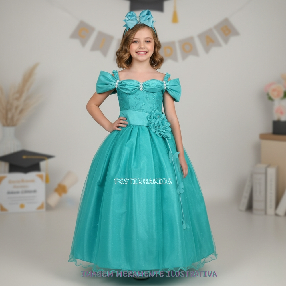 Vestido Infantil Longo Princesa Verde Tiffany Luxo Festa Formatura