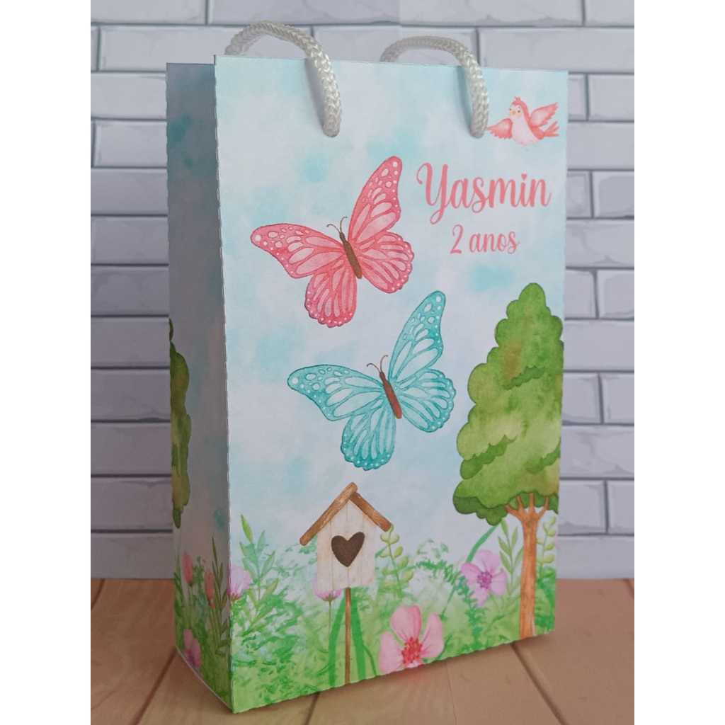 Sacolinha Surpresa Personalizada Lembrancinha Jardim Encantado com Borboleta Rosa e Azul PEGUE E MONTE