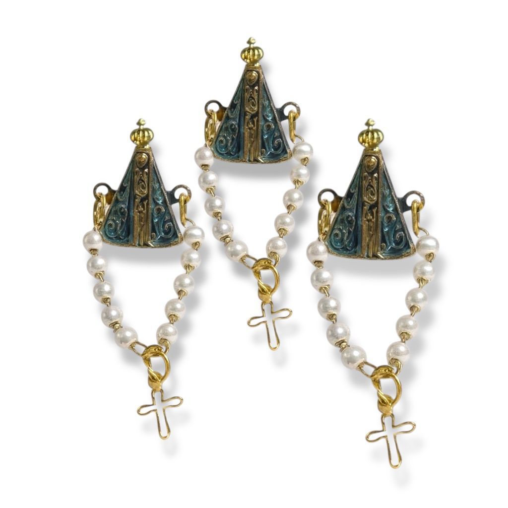 12 Broche Boton Nossa Senhora Aparecida Com Mini Terço Perola