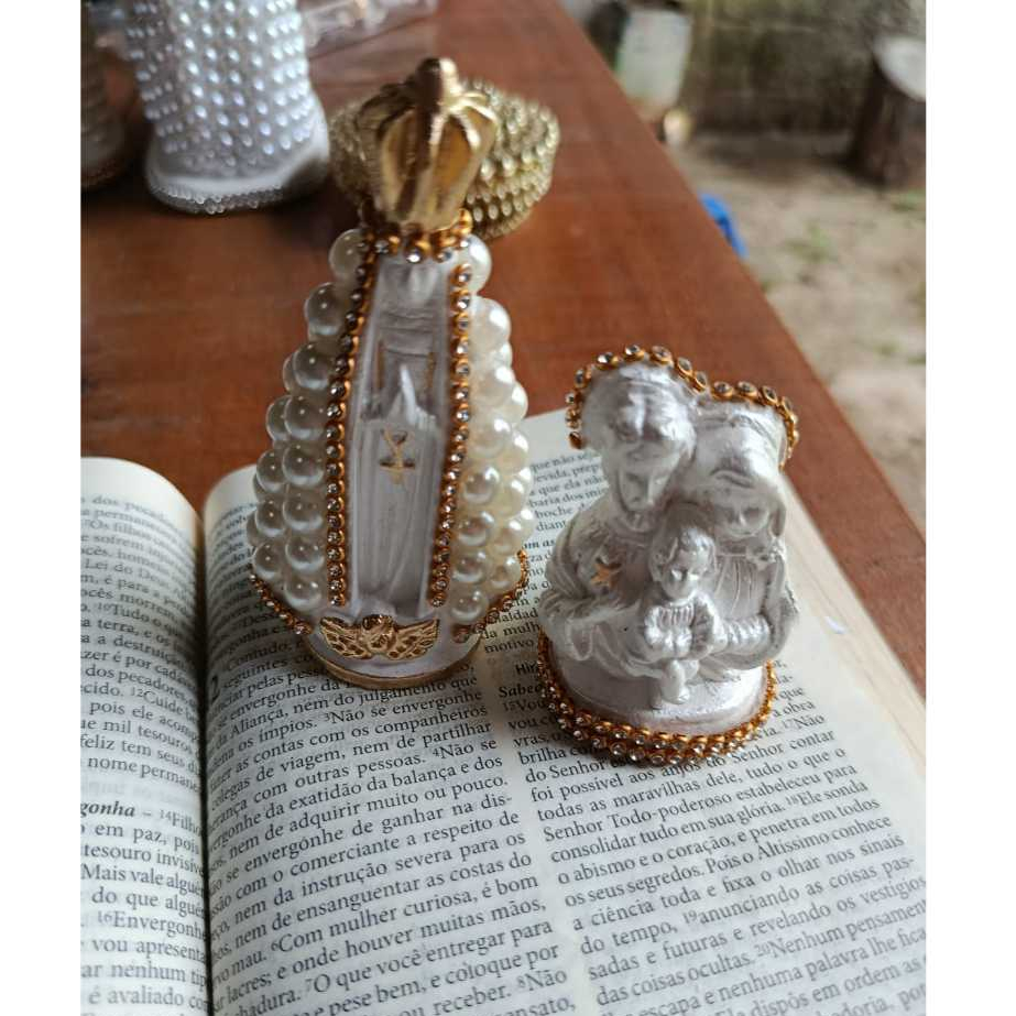 Kit imagem Nossa Senhora Aparecida + Sagrada Família, gesso 15cm.Lembrança batizado, casamento decoração