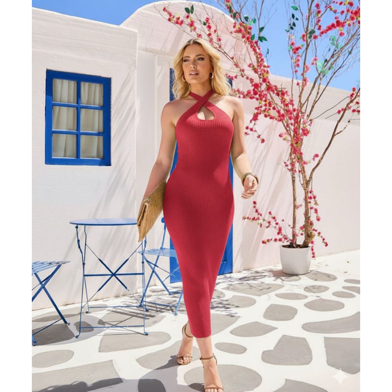 vestido tricô modal logo lisa de amarração pescoço (VL6)