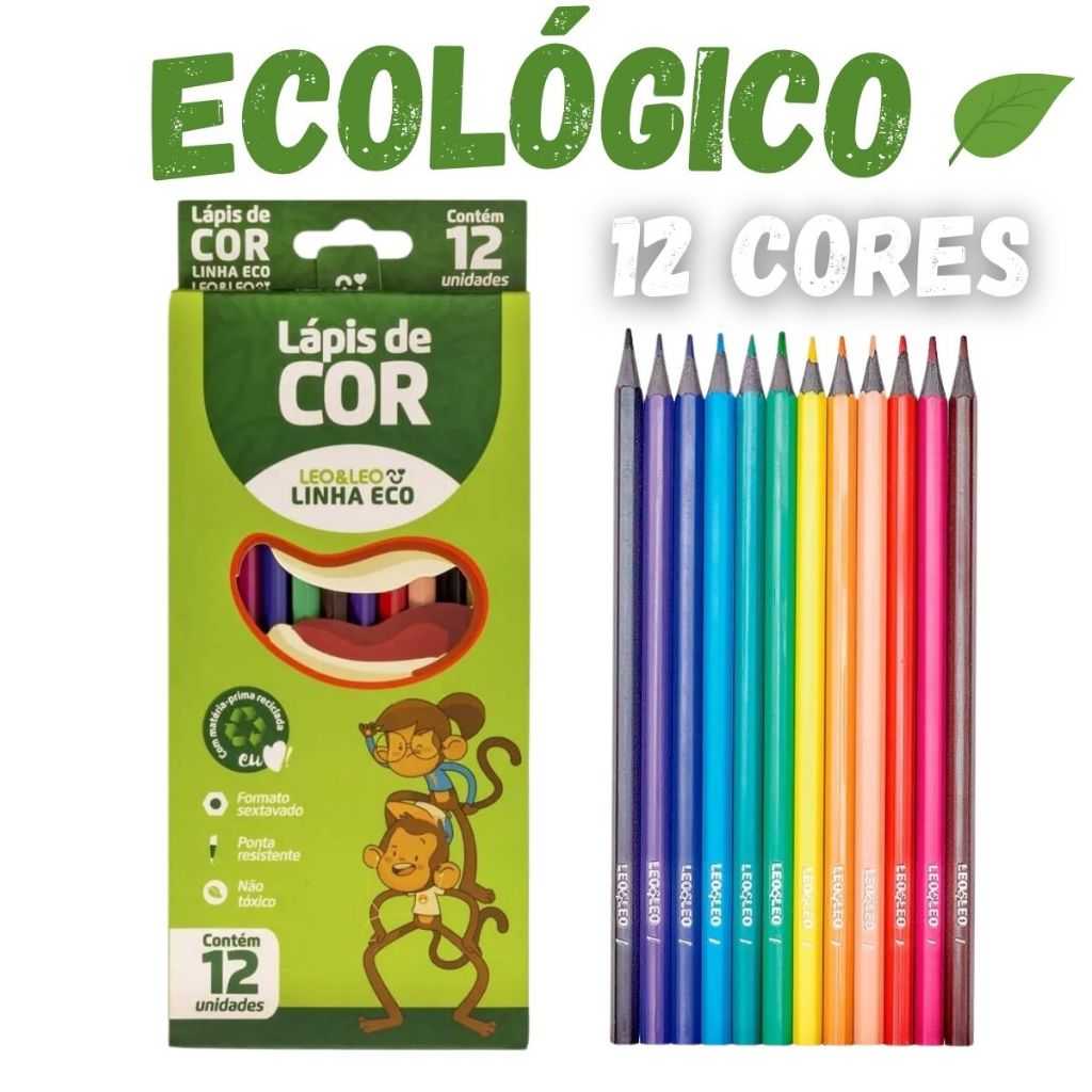 Lápis de Cor Ecológico 12 Cores Sextavado Resina Escolar em Oferta na Shopee